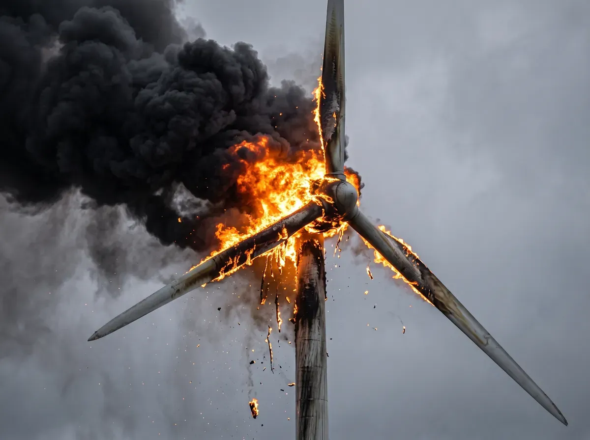 Brennende Gondel einer Windkraftanlage mit starker Rauchentwicklung in großer Höhe