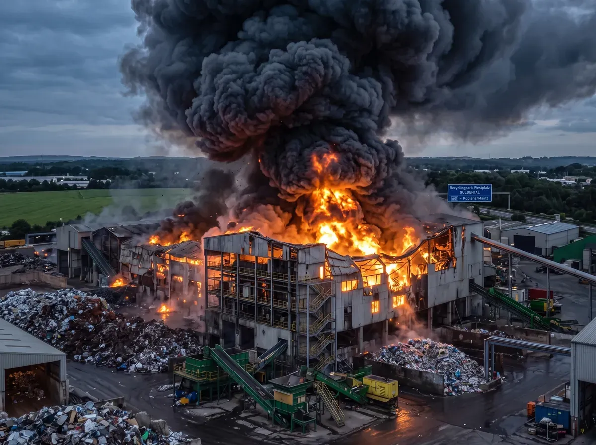 Großbrand in einer Recyclinganlage mit dichter Rauchsäule über dem Betriebsgelände